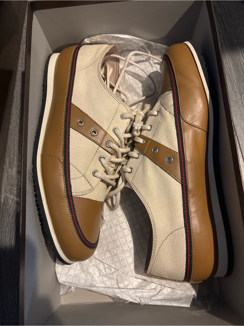 Gucci Men’s Canvas & Leather Sneakers in Cream and Tan with Signature Web Trim